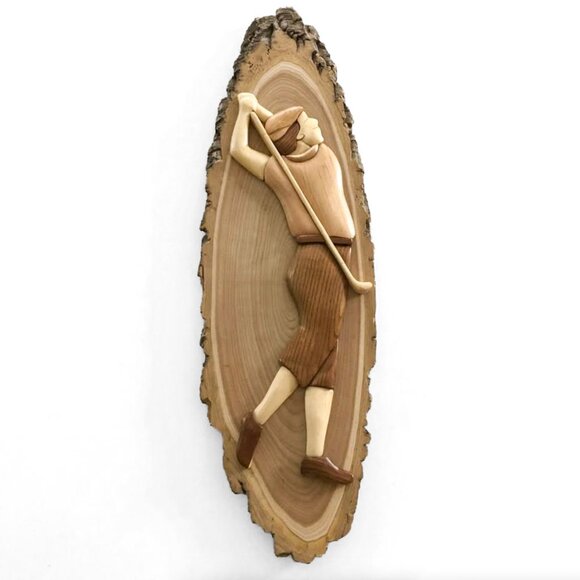 Vintage Handmade Intarsia Wood Sculpture - Golfer - Picture 1 of 6